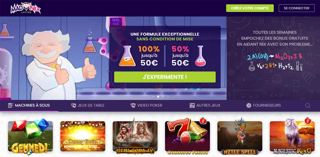 Madnix Casino — J'EXPERIMENTE! formule bonus 100%+50% sans wager