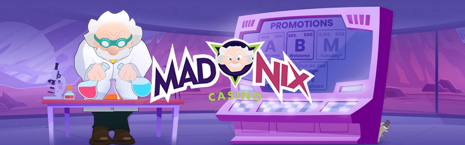 Madnix Casino — Prof. Nix laboratoire avec écran promotions