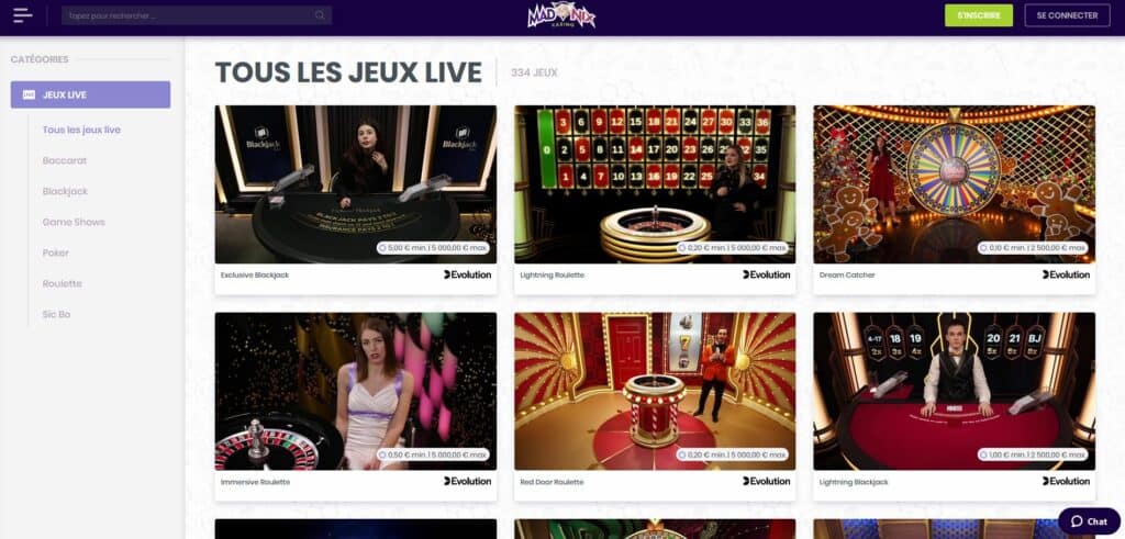 Madnix Casino — Tous les jeux live 334 tables Evolution Gaming